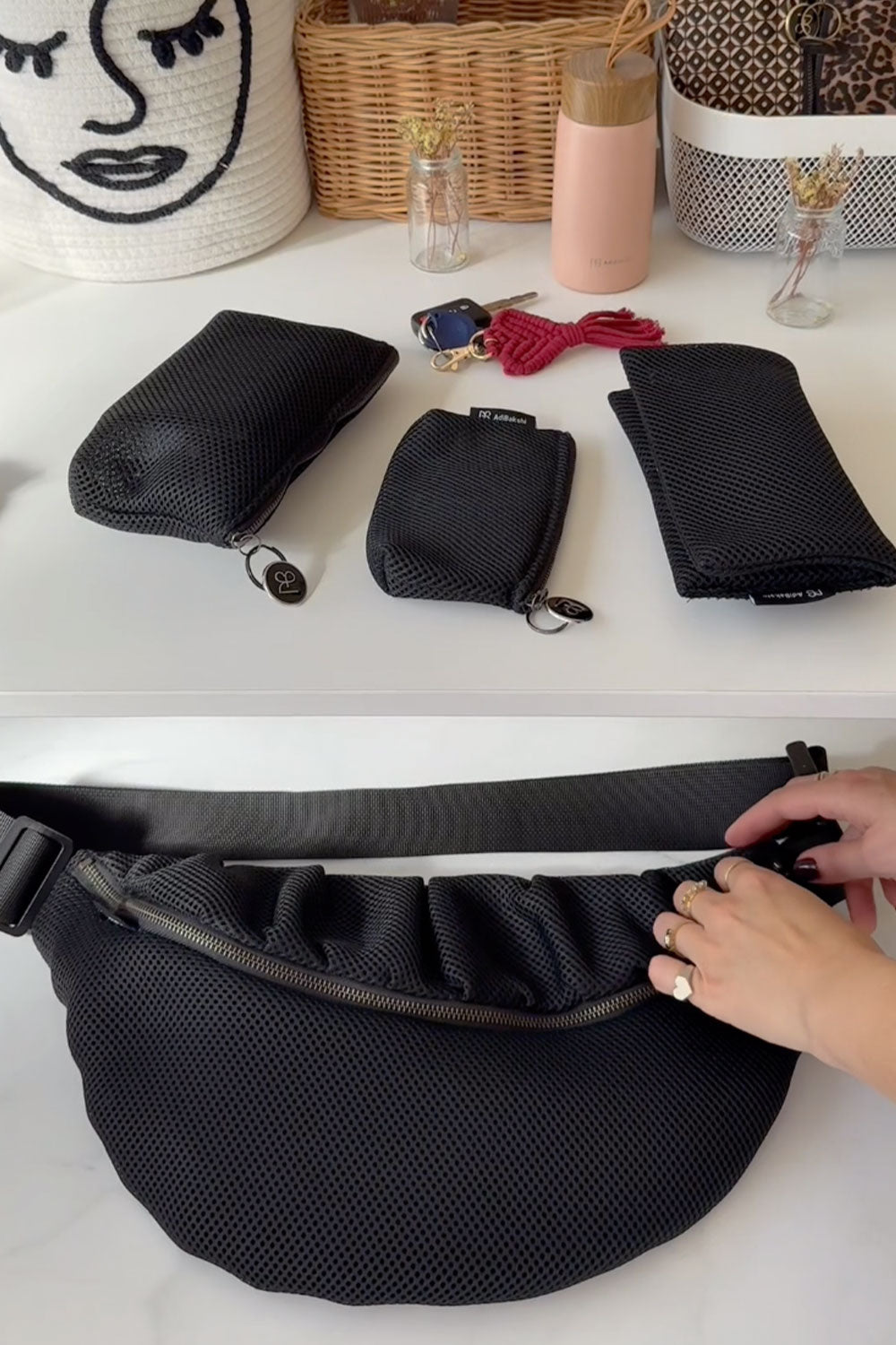 סט אקססוריז מבד רשת שחור לנשים דגם כריסטינה של עדי בקשי, כולל פאוץ' רשת, קלאץ' וארנקים תואמים.